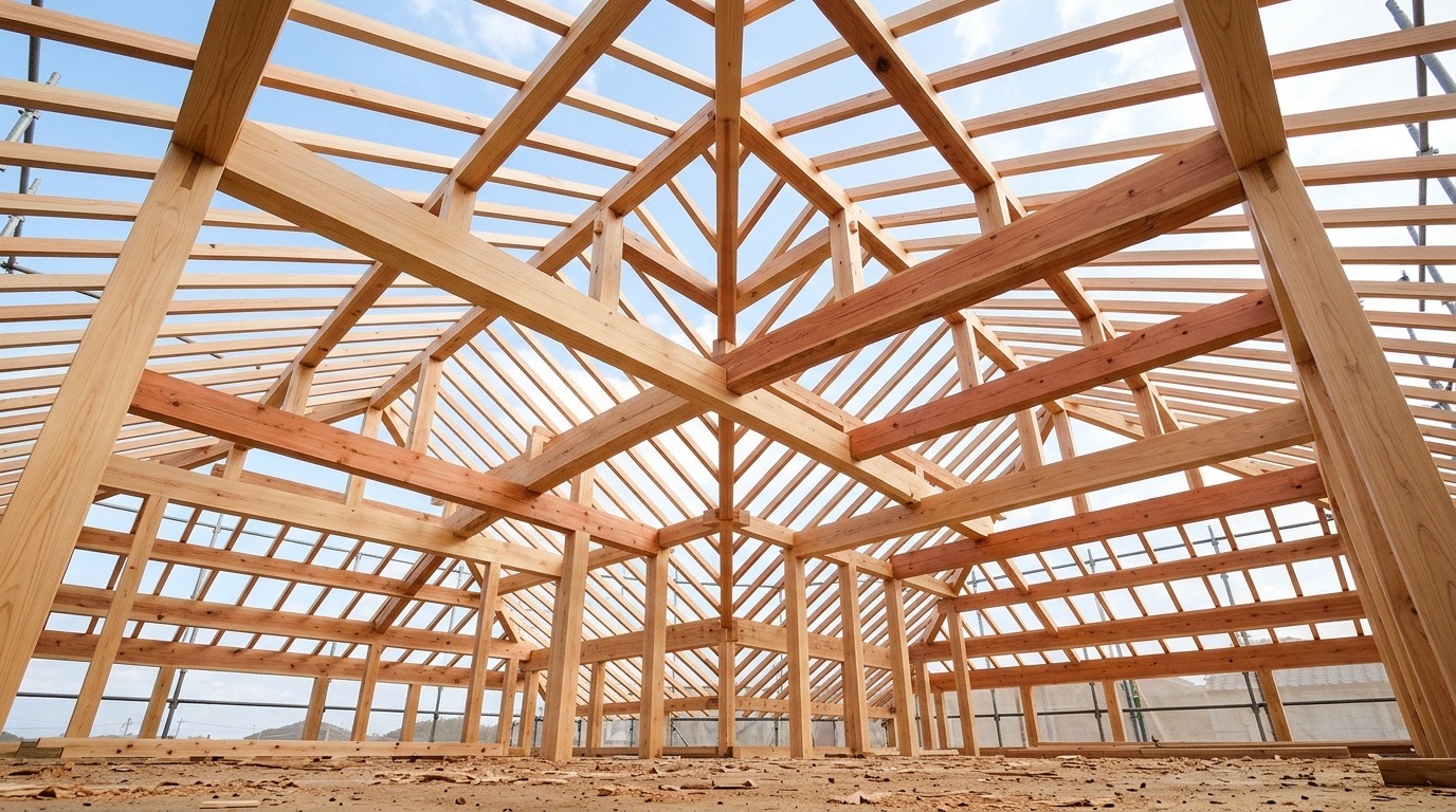 室内から見上げた上棟直後の小屋組み・梁